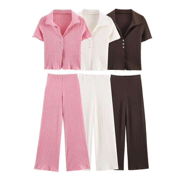 Women's two-piece fine knit set with short sleeve polo collar top and high-waist wide leg pants Mune Fashion