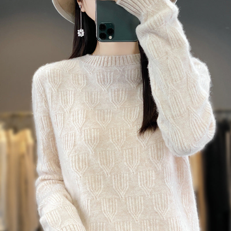 Women's Soft Mohair-Look Round Neck Sweater with Raised Tulip Texture Mune Fashion