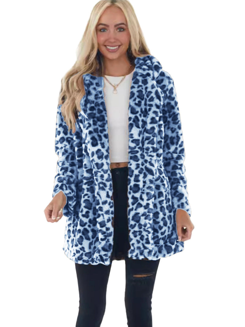 Women's Faux-Fur Leopard-Print Hooded Plush Mid-Length Coat Mune Fashion