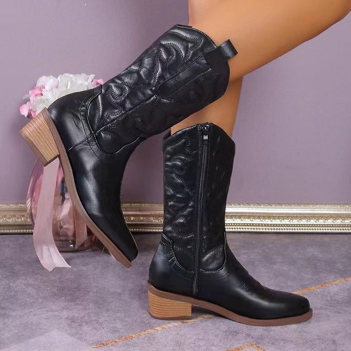 Women nan cowboy boots with mid-high block heel and side zipper Mune Fashion