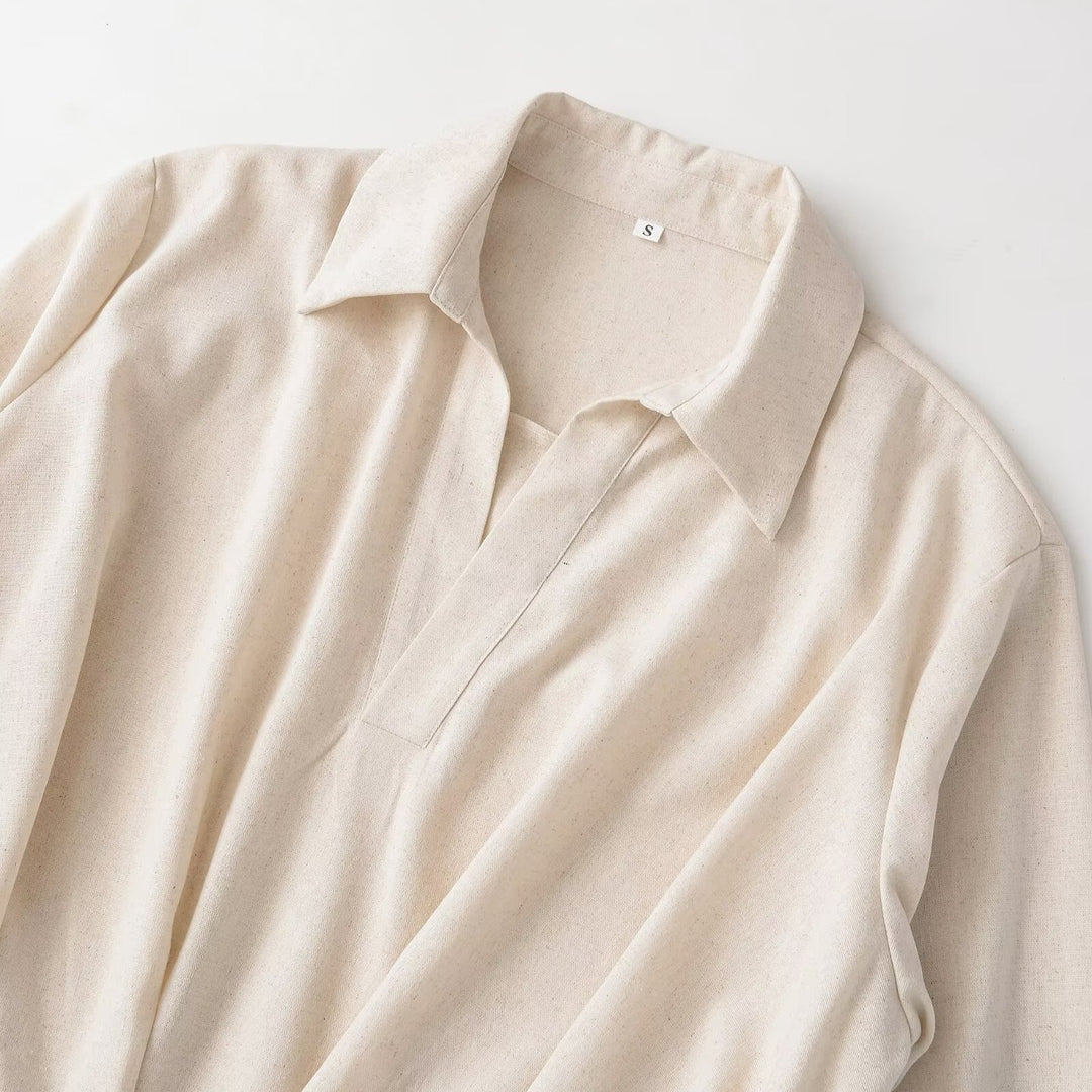 Women's Oversized Linen Blouse with Open V-Neck and Gathered Hem Mune Fashion