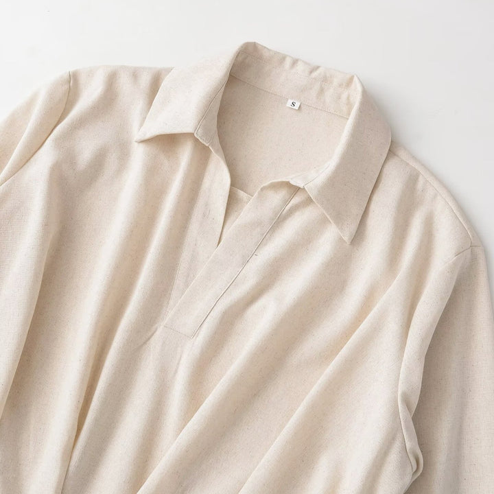 Women's Oversized Linen Blouse with Open V-Neck and Gathered Hem Mune Fashion