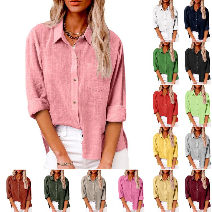Women's oversized linen-cotton blend shirt blouse with breast pocket and roll-up sleeves Mune Fashion