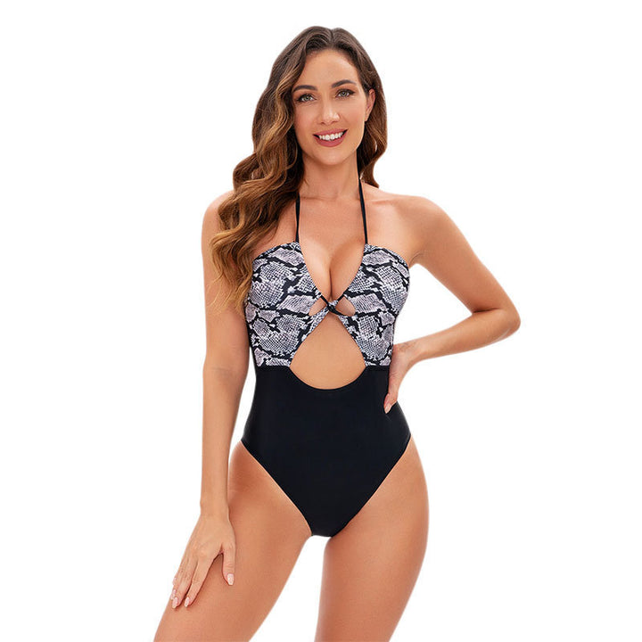 Women's one-piece swimsuit with trendy snake pattern and elegant cut-outs