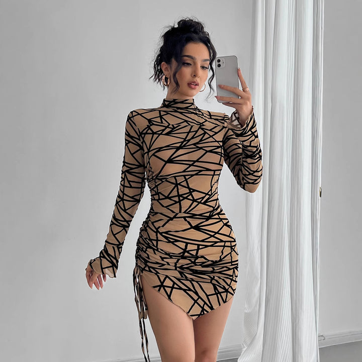 Women’s form-fitting transparent long-sleeve mini dress with turtleneck and side gathering Mune Fashion