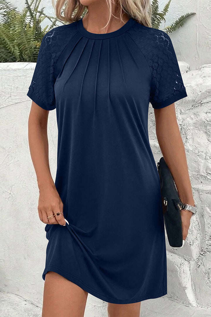 Women Short Sleeve Casual Dress with Pleated Top and Lace Inserts Mune Fashion