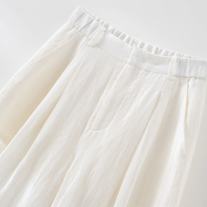 Women's Light High-Waist Linen Mix Palazzo Pants with Wide Leg, Pleats and Elastic Back Mune Fashion