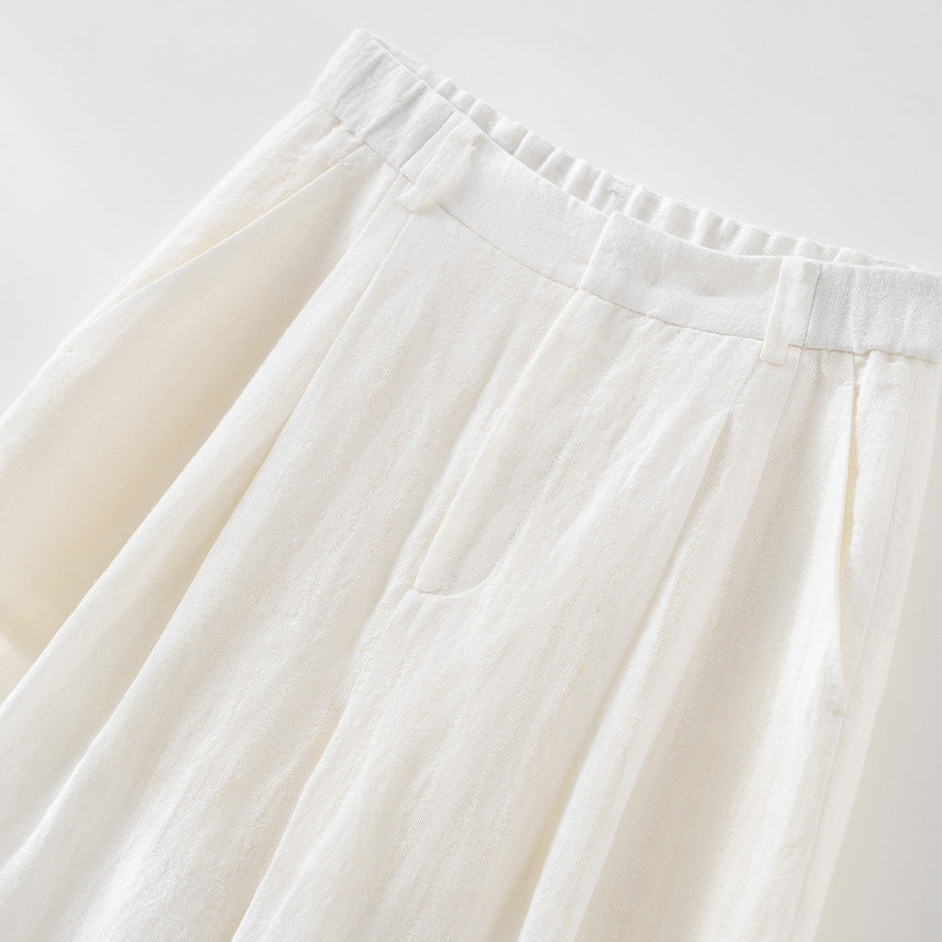 Women's Lightweight Linen Trousers with Wide Leg, Pleats and Elastic Back Mune Fashion