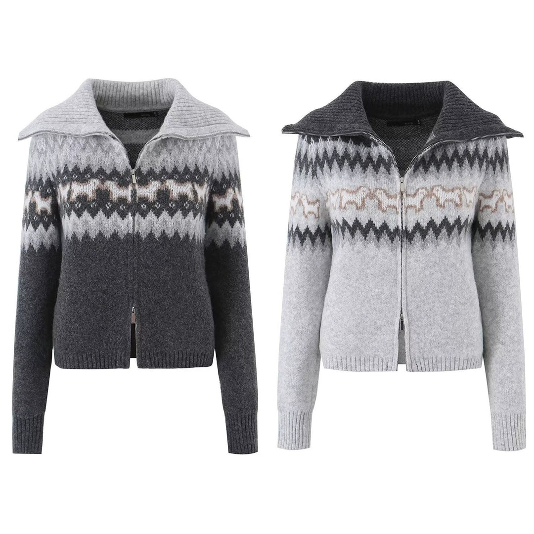 Women's Knitted Zip Cardigan with Norwegian Pattern and Extra Wide Turn-Down Collar Mune Fashion