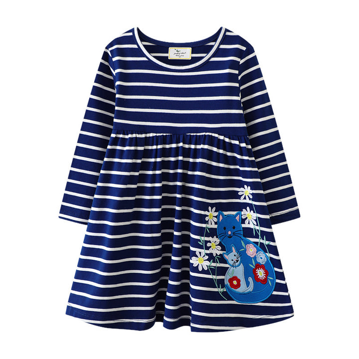 Girl striped cotton dress with cat embroidery Mune Fashion