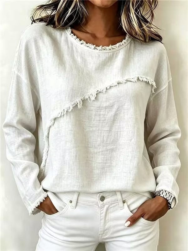 Women Casual Long Sleeve with Diagonal Fringe Application and Frayed Round Neck Mune Fashion