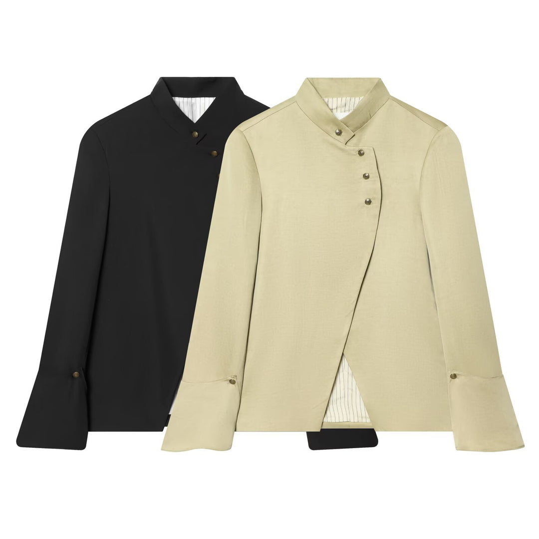 Women Asymmetrical Short Blazer with Stand Collar and Decorative Button Placket Mune Fashion