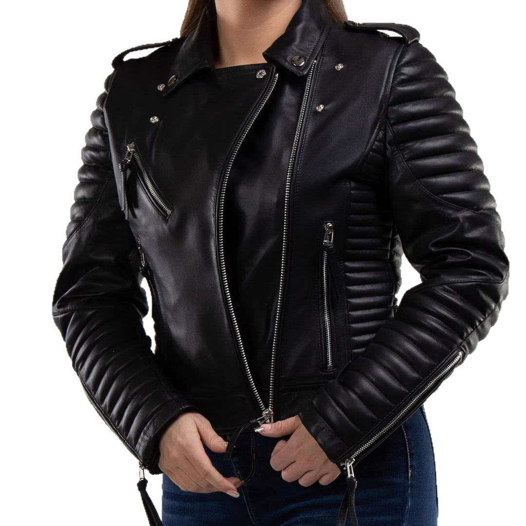 Women's Fashion Leather Biker Jacket with Quilted Details