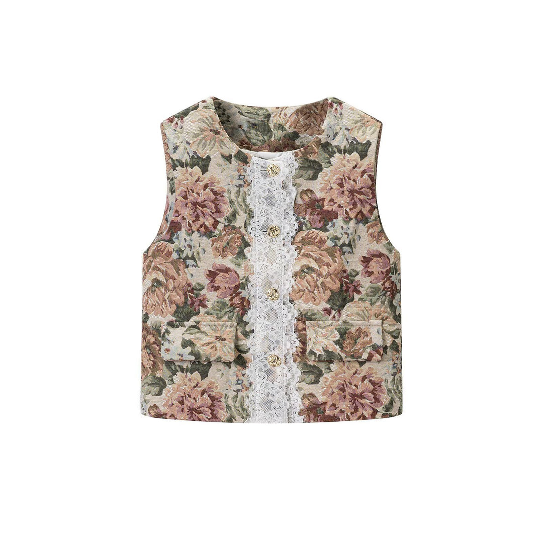 Women's elegant brocade waistcoat with floral jacquard texture, decorative buttons, and lace trim Mune Fashion