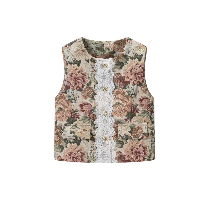Women's elegant brocade waistcoat with floral jacquard texture, decorative buttons, and lace trim Mune Fashion