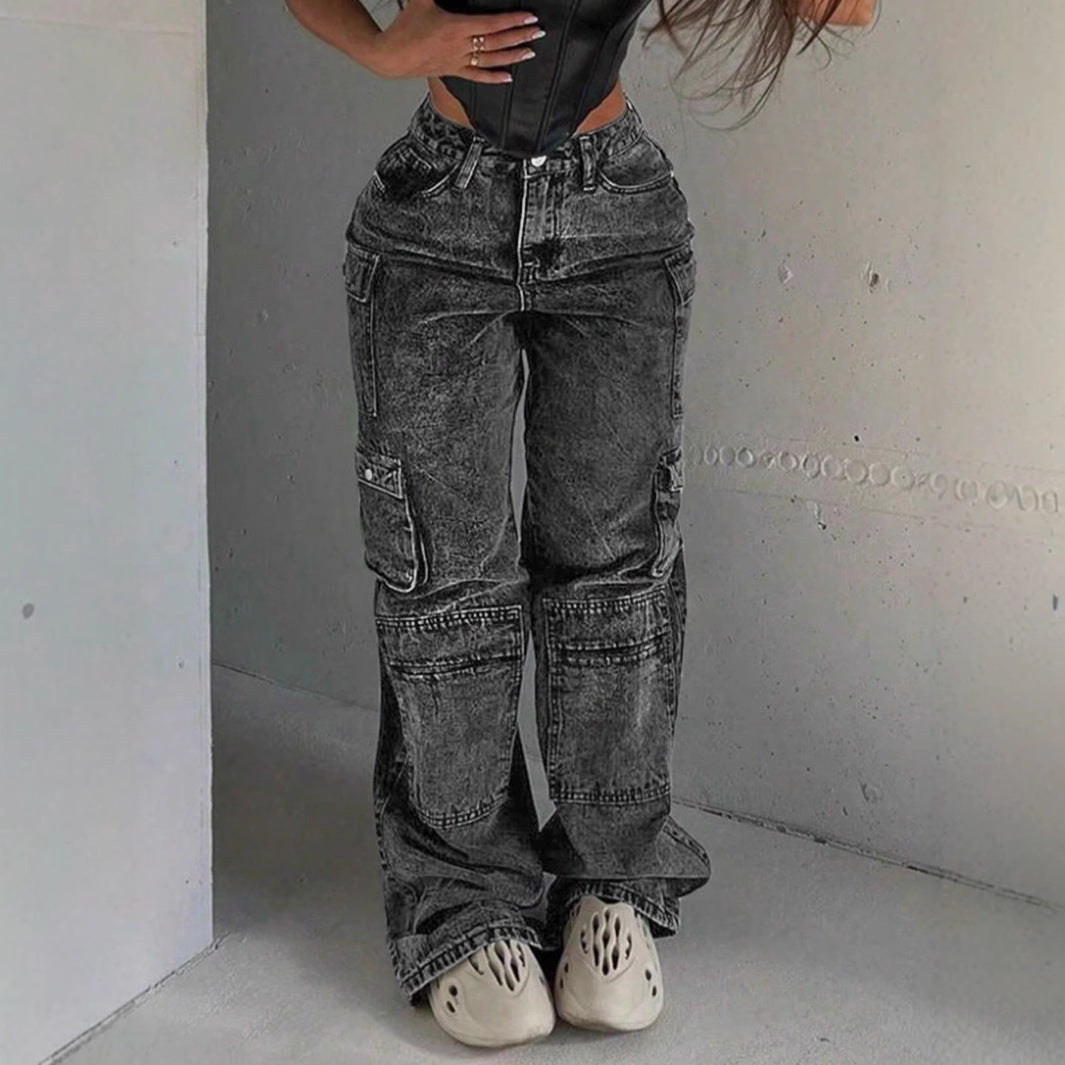 Women's Cargo Denim Pants with High Waist, Loose Baggy Cut and Functional Flap Pockets Mune Fashion