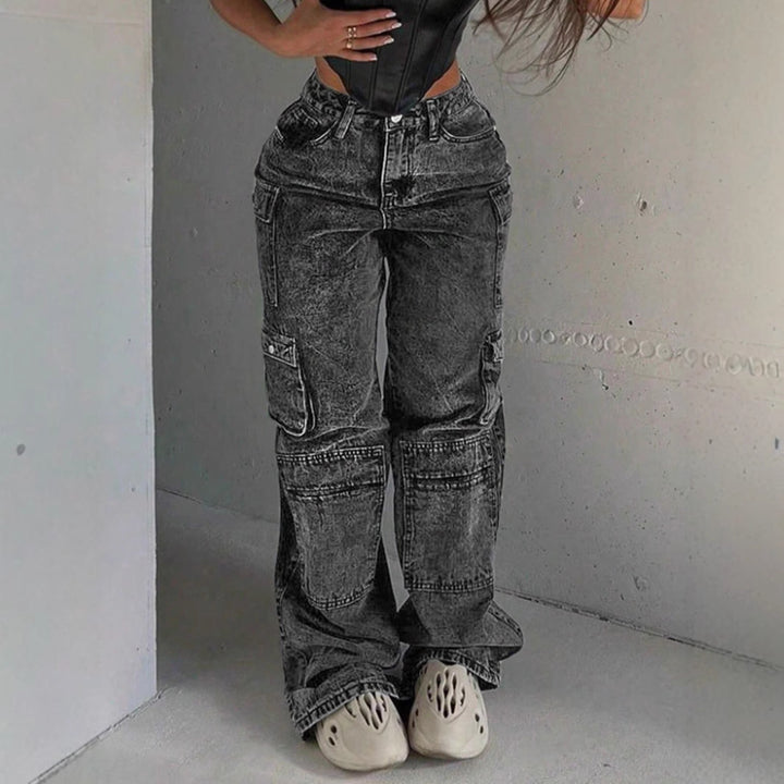 Women's Cargo Denim Pants with High Waist, Loose Baggy Cut and Functional Flap Pockets Mune Fashion