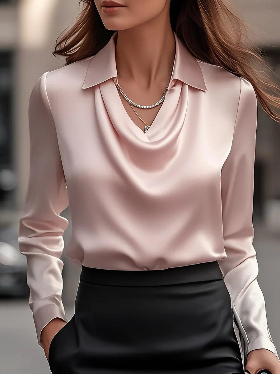 Women's satin blouse with waterfall collar and shirt collar Mune Fashion