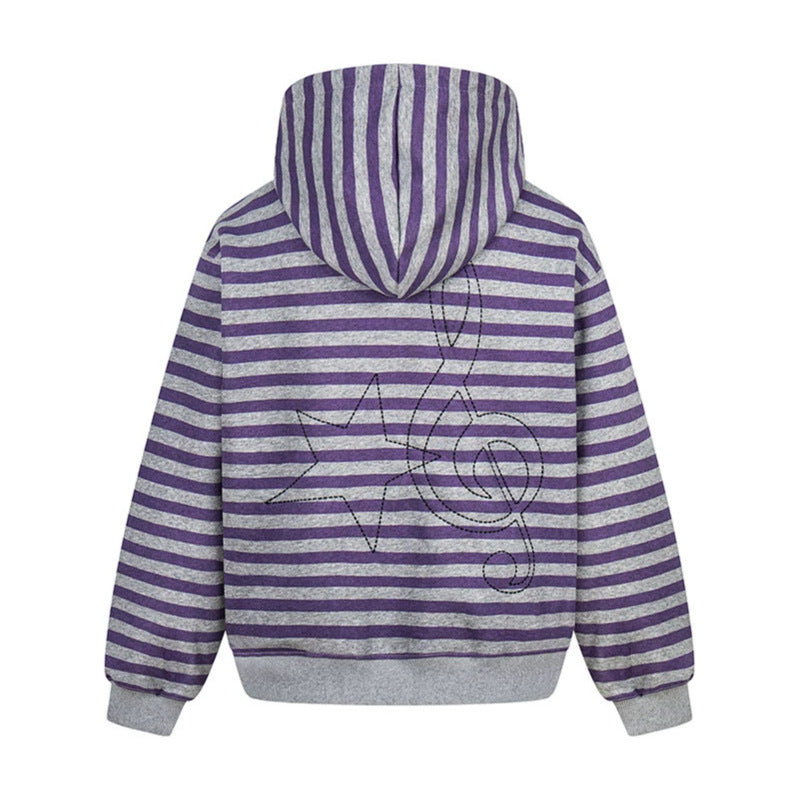 Women's oversized striped hooded sweatshirt jacket with full-length zipper and typographic front print Mune Fashion