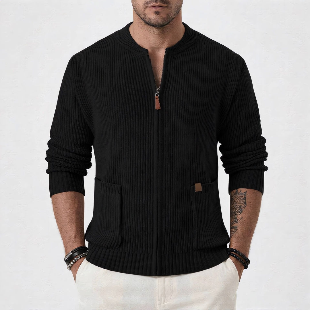 Men's Ribbed Cardigan with Front Zipper and Patch Pockets Mune Fashion