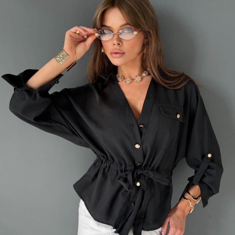 Women Tailored Shirt Blouse with Drawstring, V-Neck and Gold Buttons Mune Fashion