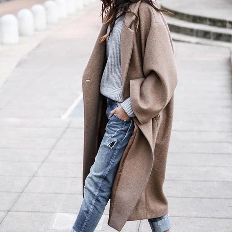 Women's longer oversized wool blend kimono coat with open front and deep side pockets Mune Fashion