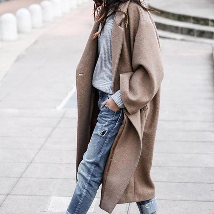 Women's longer oversized wool blend kimono coat with open front and deep side pockets Mune Fashion