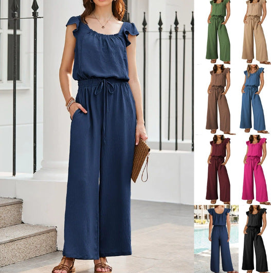 Women's Crinkle Jumpsuit with Wide Leg, Elastic Waistband, and Ruffled Sleeves Mune Fashion