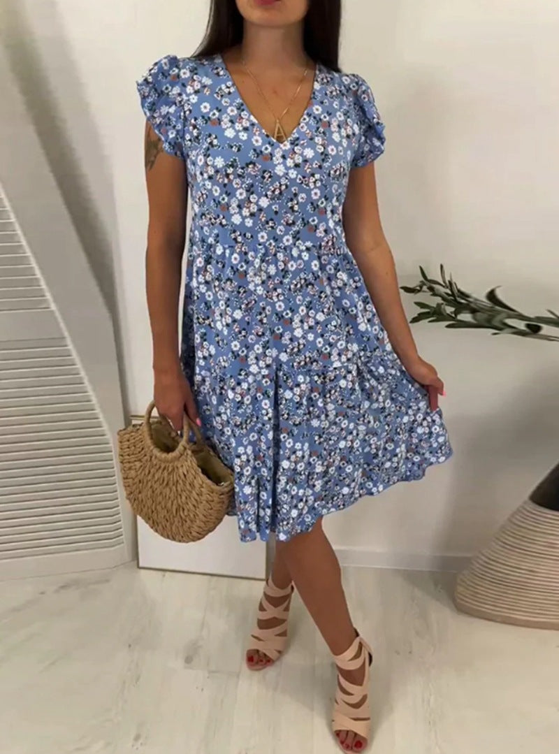 Ladies' V-neck tiered dress with puff sleeves and fitted underbust seam Mune Fashion