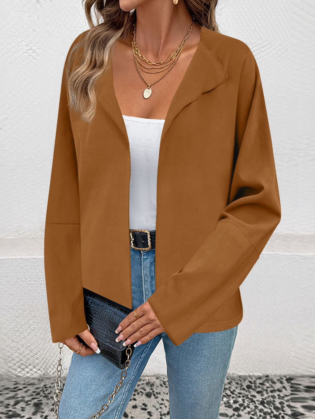 Women Lightweight Open Blazer with Draped Lapels and Wide Sleeves Mune Fashion