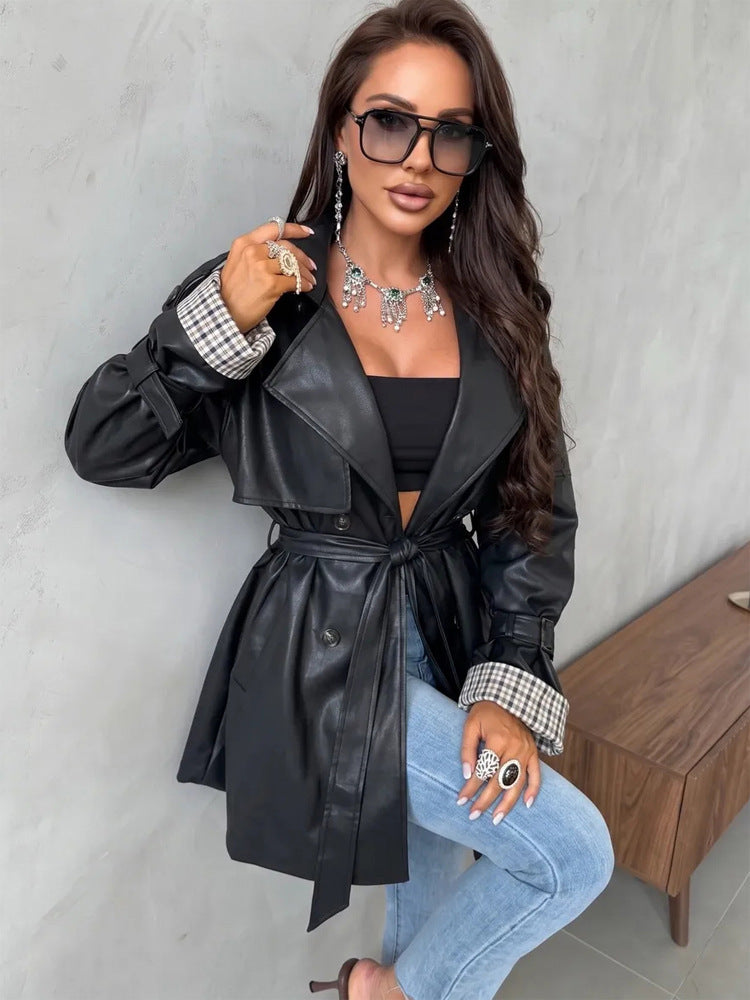 Women's Short Faux Leather Trench Coat with Belted Waist and Check Cuff Flaps Mune Fashion