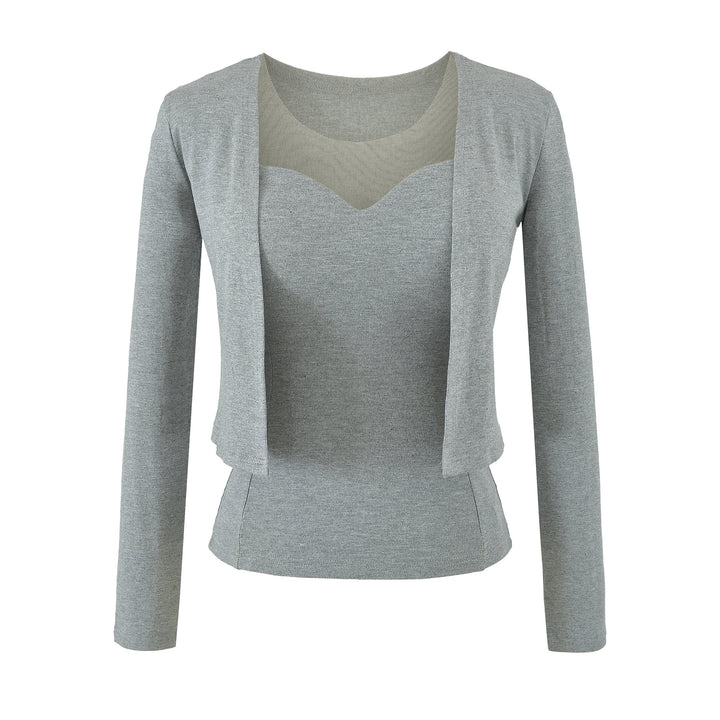 Ladies Two-Piece Fine Knit Top Set with Mesh Insert and Open Cardigan Mune Fashion