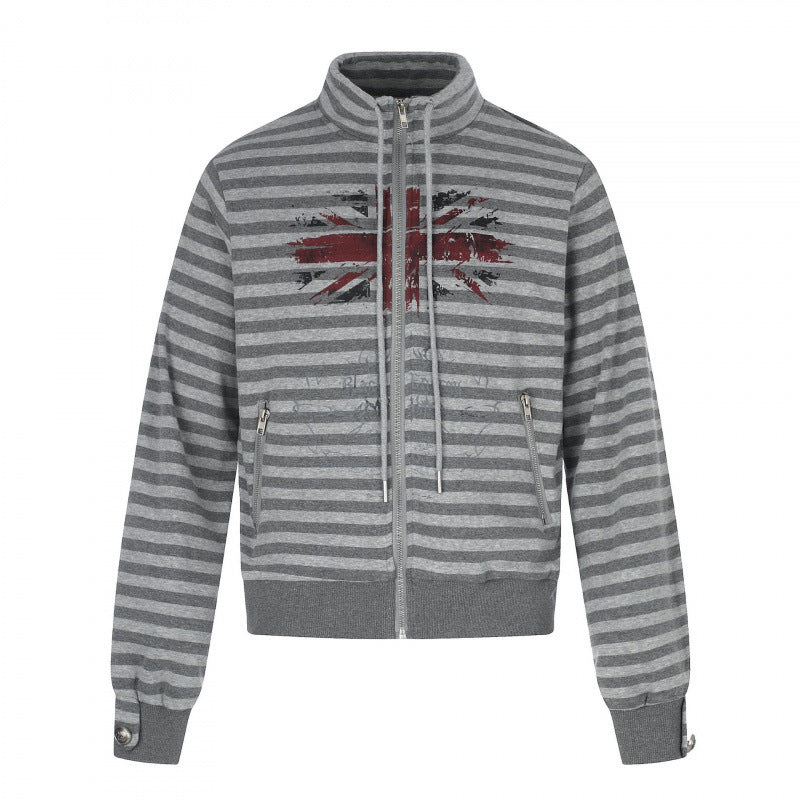 Unisex Striped Zip Hoodie with Troyer Collar, Chest Print, and Zipper Pockets Mune Fashion