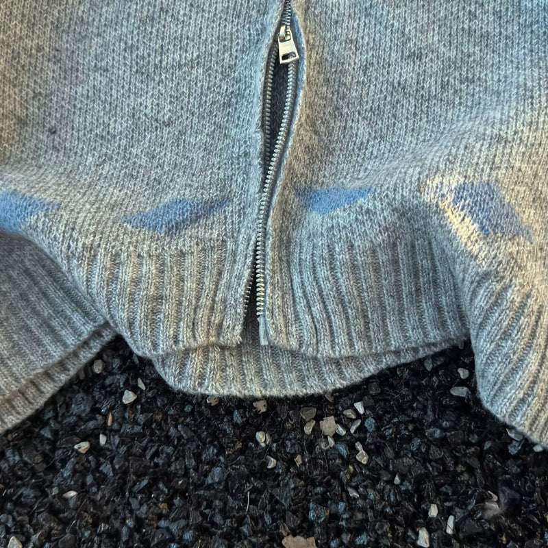 Unisex Chunky Knitted Norwegian Cardigan with Crew Neck, Full Zip and Jacquard Yoke Mune Fashion