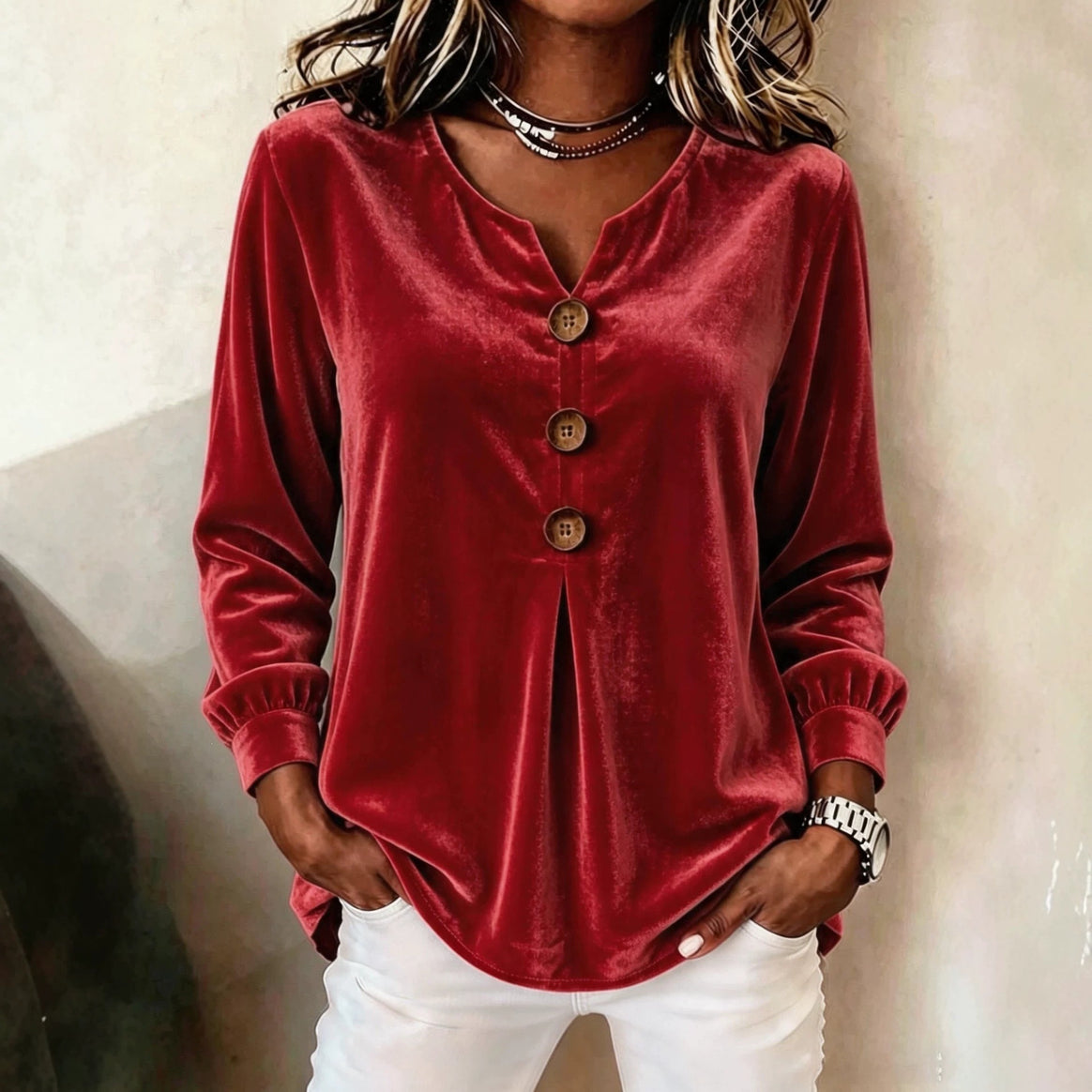 Women's Velvet Tunic with Decorative Buttons and Gathered Sleeve Cuffs Mune Fashion