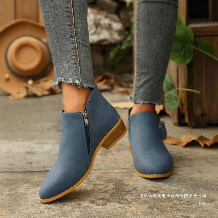 Women's Short Shaft Ankle Boots with Side Zipper and Low Block Heel Mune Fashion