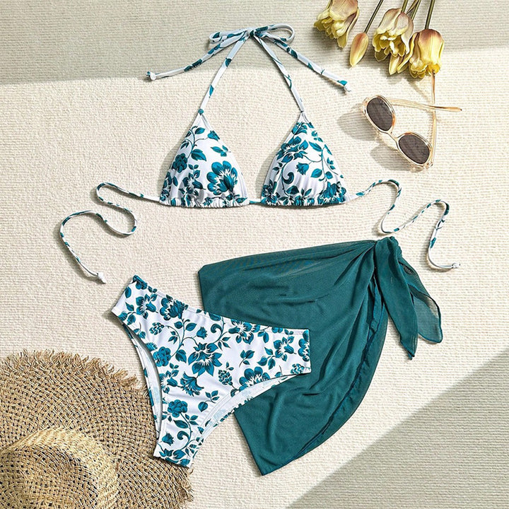 Ladies triangle bikini with floral pattern and transparent wrap skirt Mune Fashion