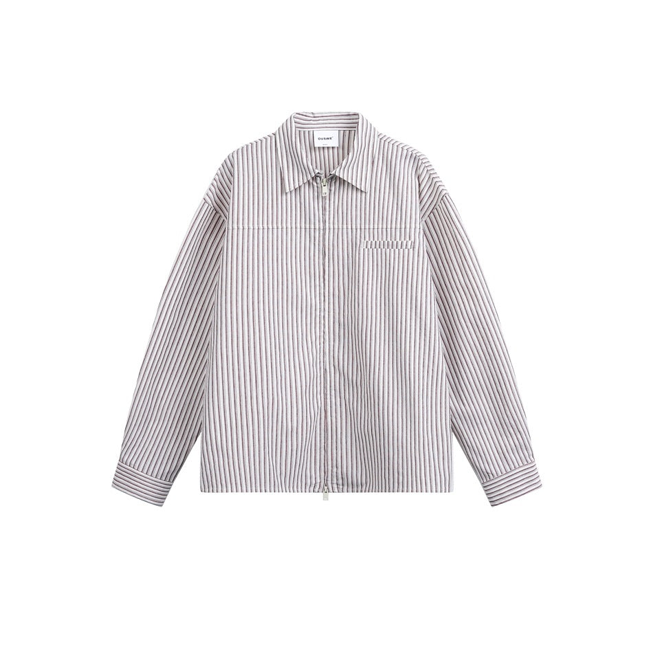 Unisex Lightweight Striped Shirt Jacket with Continuous Zipper and Chest Piped Pocket Mune Fashion