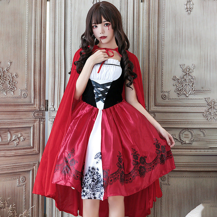 Women Fairy Tale Little Red Riding Hood Costume with Voluminous Overskirt and Hood Mune Fashion