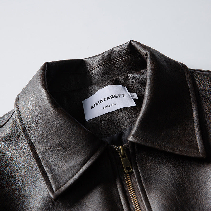 Men's leather bomber jacket in boxy cut with full-length zipper and ribbed hem Mune Fashion