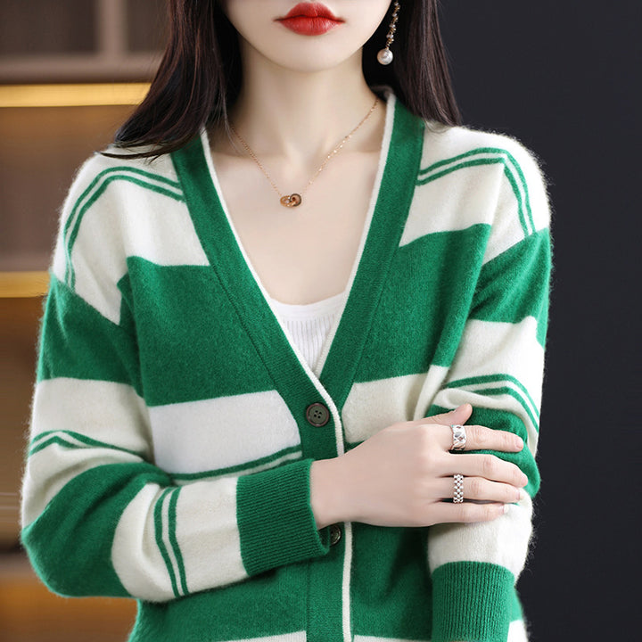 Ladies Mid-length Fine Knit Cardigan with Wide Block Stripes, V-neck and Ribbed Cuffs Mune Fashion
