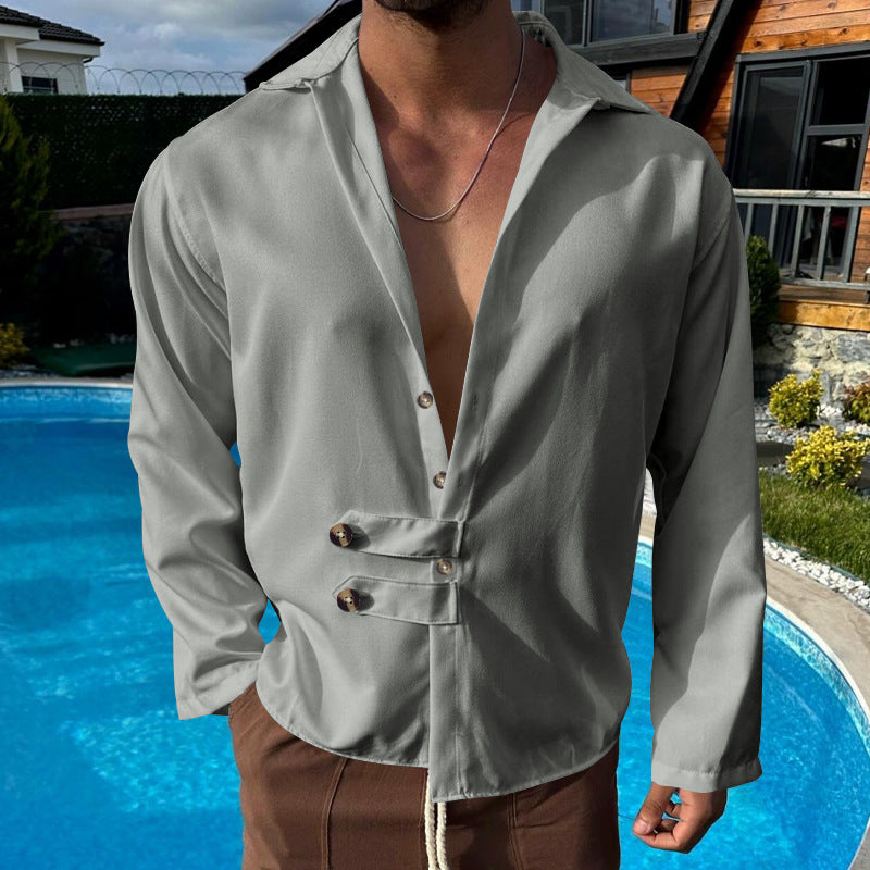 Men's modern long-sleeved shirt with deep neckline and asymmetrical strap look Mune Fashion