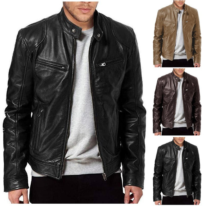 Men's nan vintage-inspired leather jacket in biker style with stand-up collar and visible zippers Mune Fashion