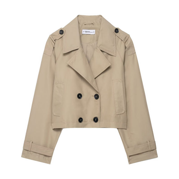 Women's Cropped Double-Breasted Trench Coat with Epaulettes, Wide Lapels and Adjustable Sleeve Straps Mune Fashion