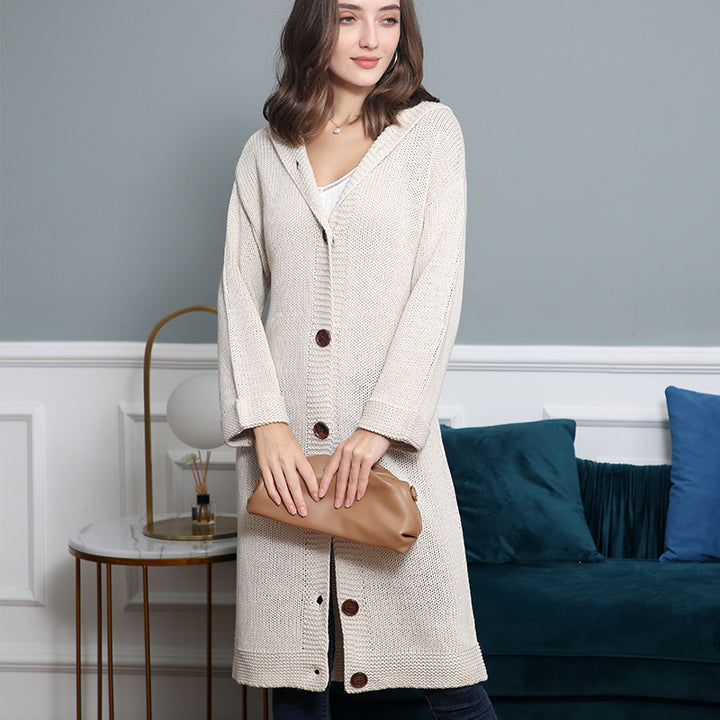 Women's Hooded Long Cardigan made of medium-thick ribbed knit with a full button placket and loose oversized cut Mune Fashion