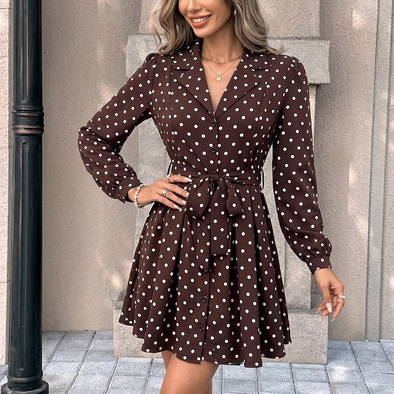Women's Polka Dot Shirt Dress with Waist Belt and Swinging A-Line Mune Fashion