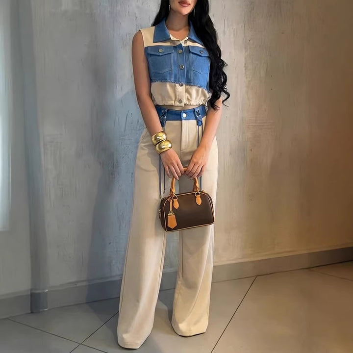 Women Two-Piece Set with Sleeveless Denim Crop Top and High-Waisted Wide-Leg Pants Drune