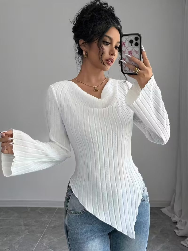 Women Asymmetrical Ribbed Fine Knit Sweater with V-Neck Mune Fashion