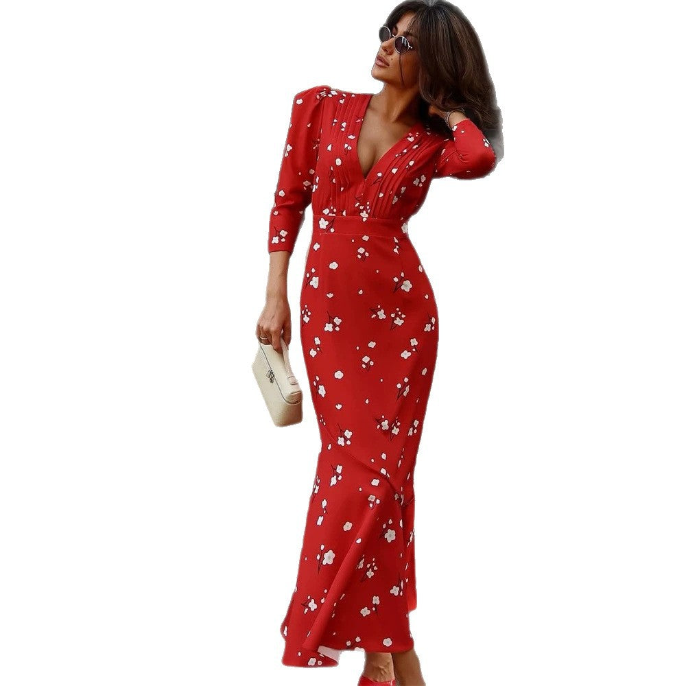 Women's vintage-inspired maxi dress with puff sleeves, fitted silhouette, and pleated neckline Mune Fashion