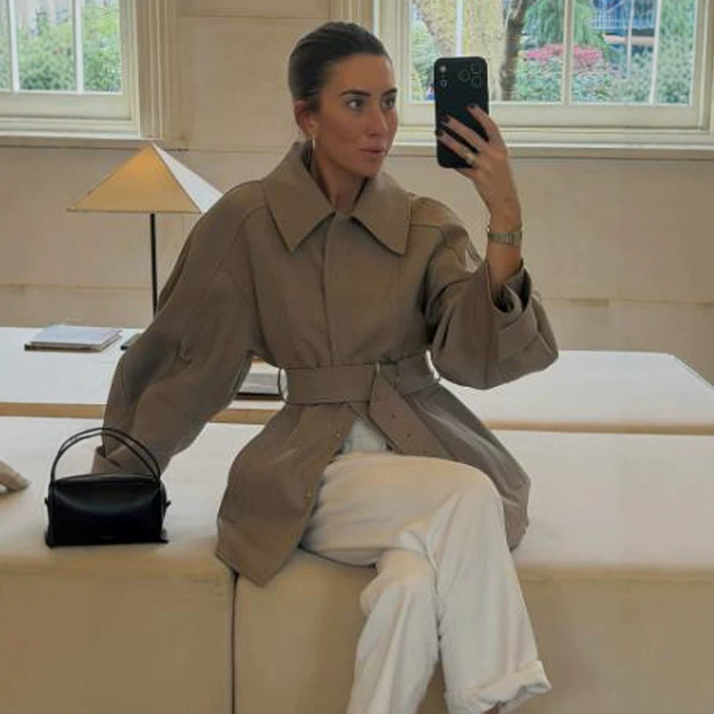 Women's Short Trench Coat with Waist Belt, Dropped Shoulder and Voluminous Balloon Sleeves Mune Fashion